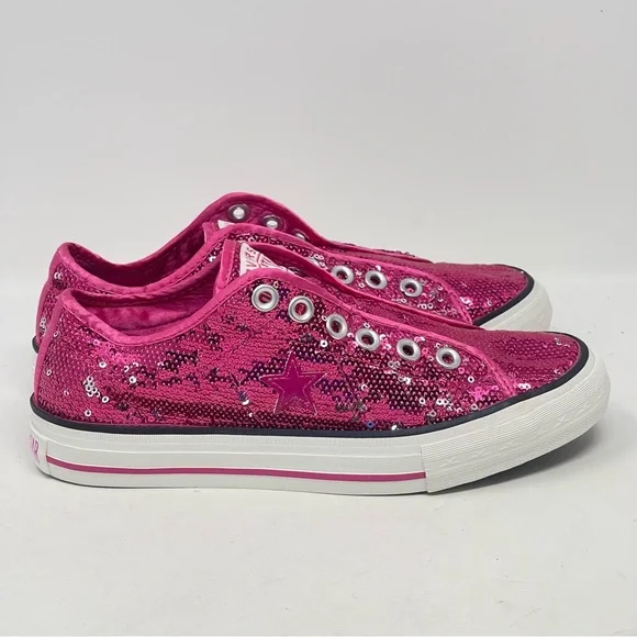 Converse One Star Shoes Womens 6.5 Pink Sequins Low Top Slip On Sneakers Wedding - Picture 3 of 13